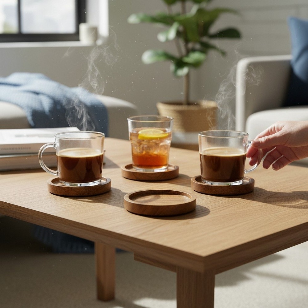 Wood Coasters Unisex OS Brown Very Good Round Recessed Set of 4